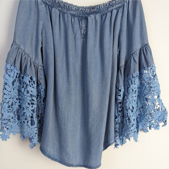 Joseph Ribkoff Blue Off The Shoulder Floral Lace Bell Sleeve Tencel Blouse Sz 12 - Picture 6 of 10